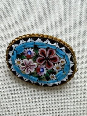Vintage  Micro-Mosaic Oval Brooch in Blue and Pink